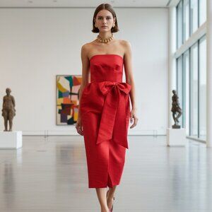 Kika Vargas Ava Strapless Red Taffeta Bow Midi Cocktail Formal Dress XL NWT